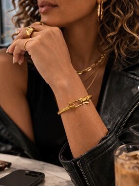 Gold Tone Stainless Steel Cable Cuff Bracelet Hook Clasp Minimalist Bangle